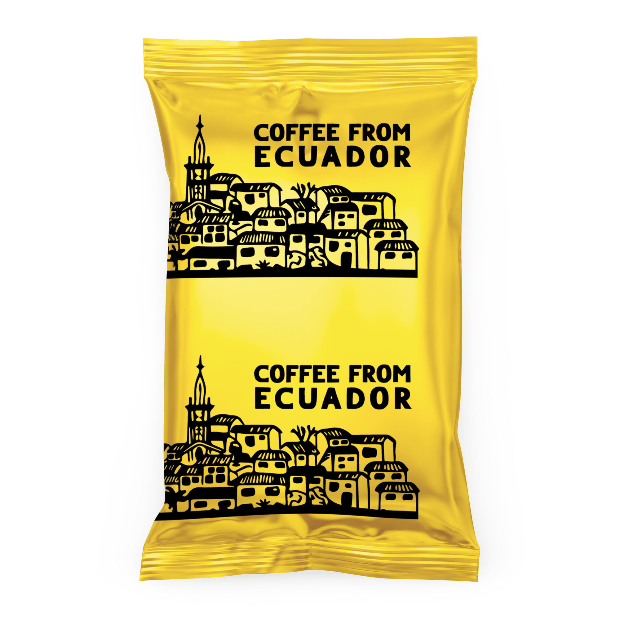 Yellow coffee package with black text and illustrations of a cityscape, labeled 'Coffee from Ecuador'.
