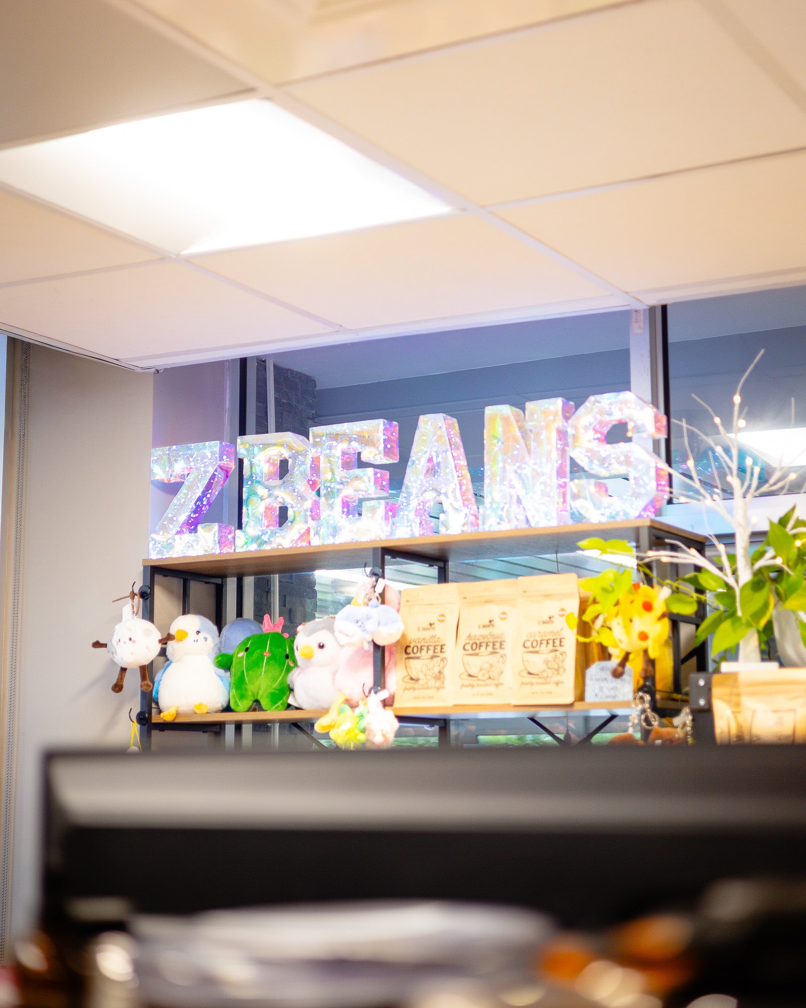 Decorative sign with colorful letters spealling 'Z Beans' on a shelf in a cafe gift shop setting